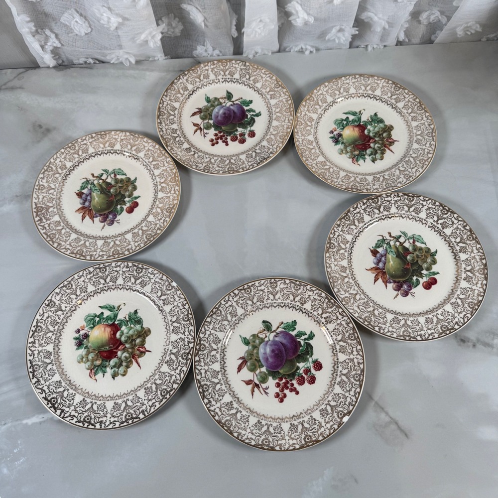 Lot of‎ 6 Salem Ovenproof Salad Plates Fruit Pattern 23K Gold Rims 7.25" Flawed